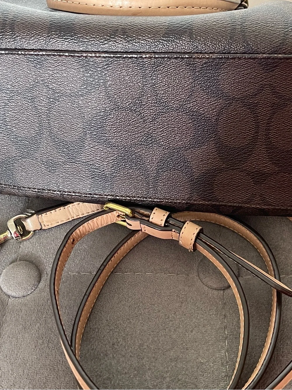 Coach Brown Signature Satchel with Beige Trim and Red Tag